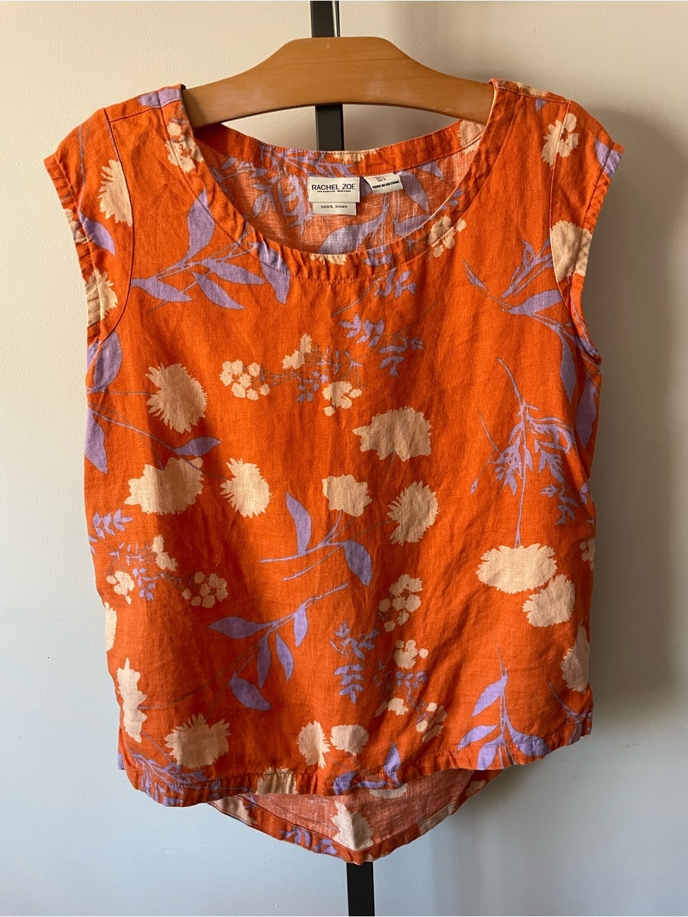 Rachel Zoe 100% Linen Floral Print High Low Cap Sleeve Blouse Small